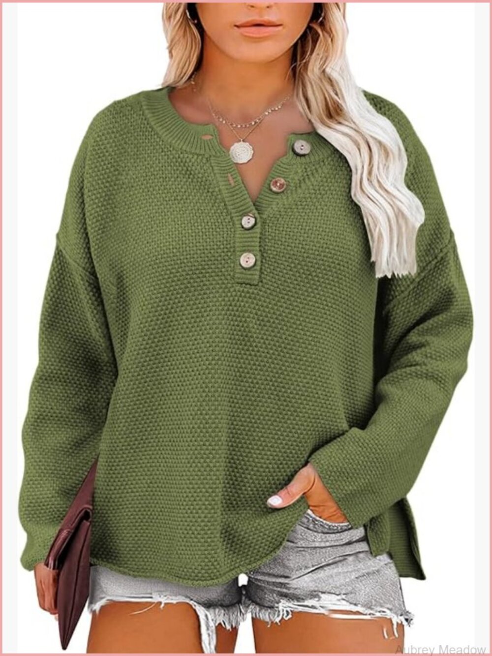 Plus Size Long Sleeve V Neck Button Henley Sweater Top Loose Knit Pullover - Picture 1 of 7